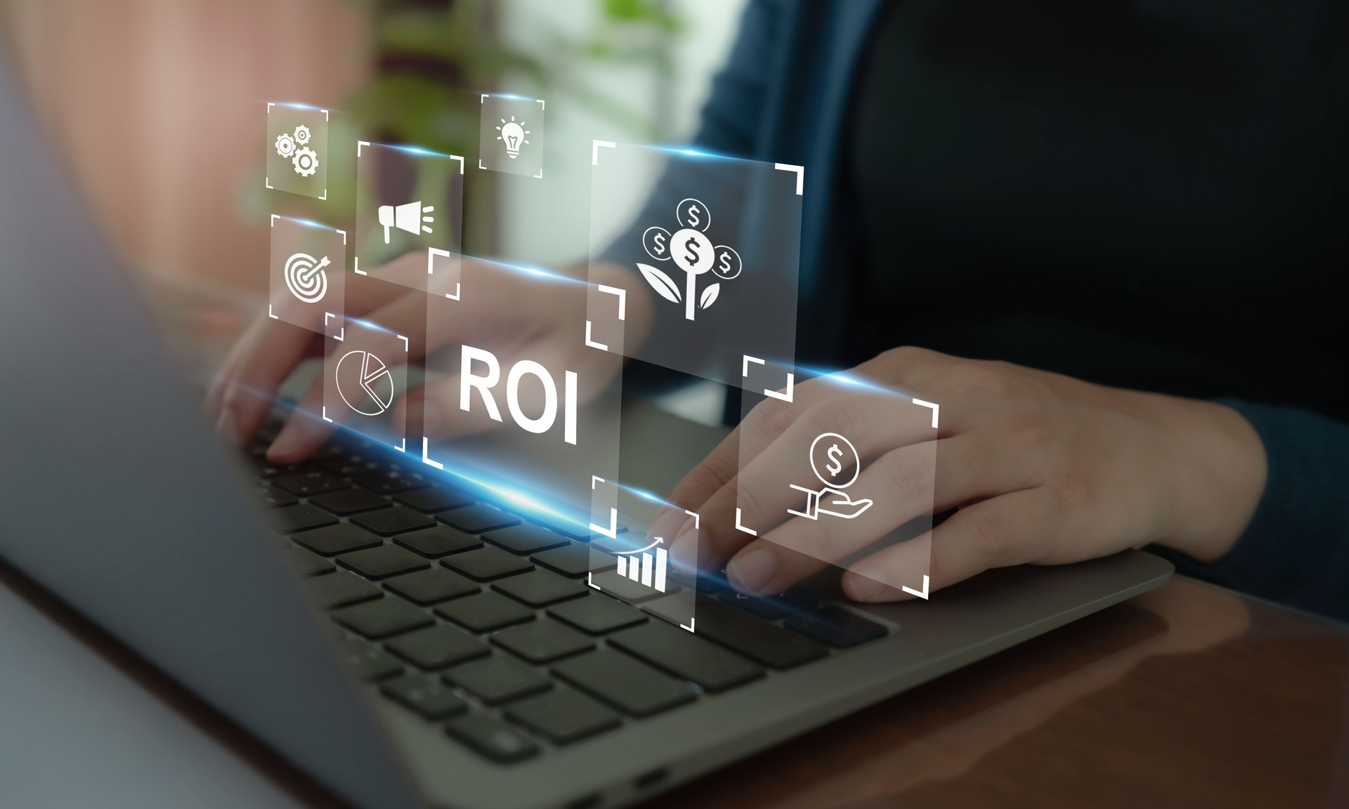 ROI, return on investment concept. Measuring the profitability of an investment. Calculating the net gain or loss from investment relative to cost. Evaluating the efficiency and success of investment.